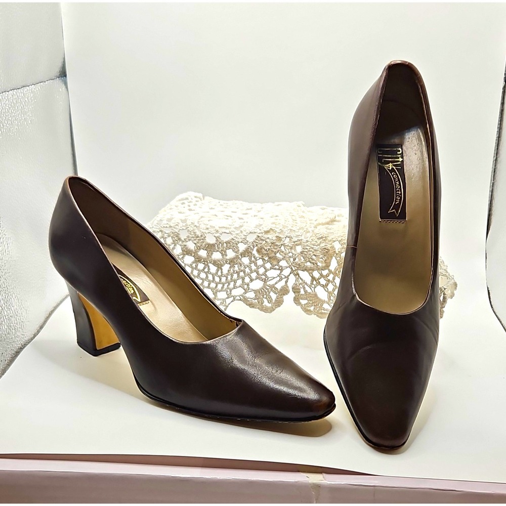 City Connection Women's Brown Leather Pointed Toe Slip-On Block Heel Pumps 9M